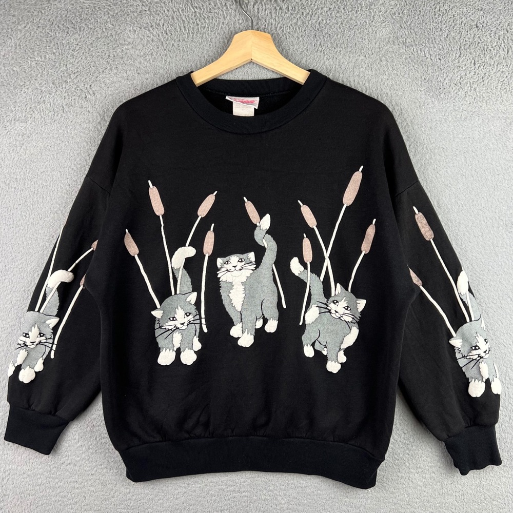 Vintage 90s Scoop of Spumoni Cat Puff Print Sweatshirt Black S Kittens USA Made